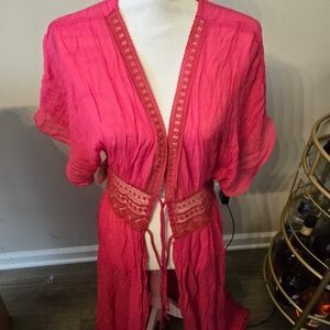 BiBi Hot Pink Lightweight Duster with Lace Trim